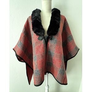 Nanette Lepore Plaid Houndstooth Poncho Faux Fur Collar Toggle Preppy Art Deco